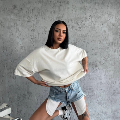 Düz Biskilet Yaka Oversize T-shirt - Beyaz -